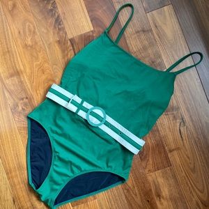 Solid and Striped belted swimsuit one piece